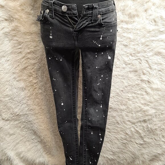 True Religion Woman's Black Supper Skinny Paint Splatter DistresseDenim Jeans 25 - Picture 2 of 11